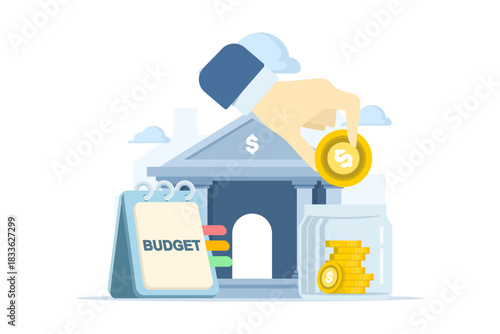 Future financial budget planning concept featuring piggy bank, hand placing coins, and calendar. Savings management and digital marketing vector illustration.