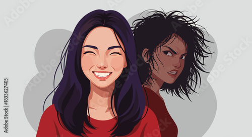 A vector illustration depicts a woman smiling brightly, while a darker version of herself stands behind her, representing contrasting emotions and internal conflicts.