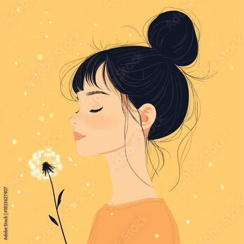 Girl with hair bun closing eyes and making a wish with dandelion against yellow background , vector style simple color