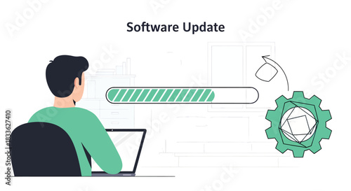 Software Update Progress Bar Loading with Cogwheels and Person at Laptop - Technology Concept