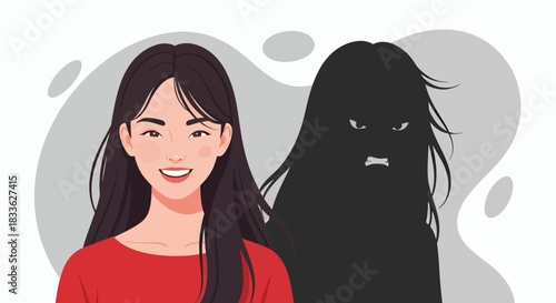 A vector illustration showing a smiling woman with a dark, monstrous shadow behind her, representing hidden mental health issues and inner demons.