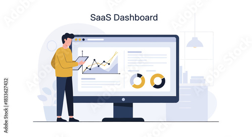 SaaS Dashboard with Businessman Analyzing Data on Tablet and Computer Screen
