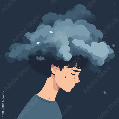 Gray storm cloud covering head of depressed man on blue background , vector style simple color