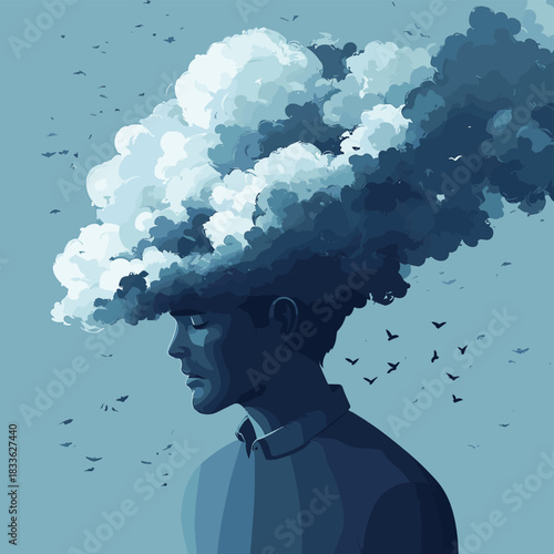 Gray storm cloud covering head of depressed man on blue background , vector style simple color