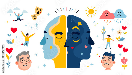 Conceptual vector illustration depicting the duality of human emotions and mental well-being, showcasing contrasting states of day and night, happiness and sadness.