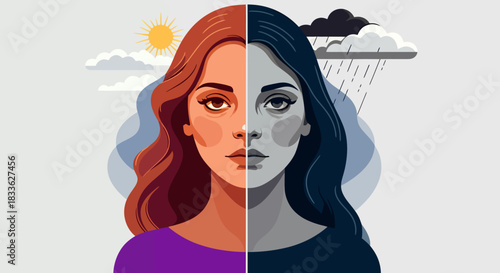 A split-screen vector illustration depicts a woman's face divided between vibrant colors representing happiness and muted tones symbolizing depression, highlighting mental health.