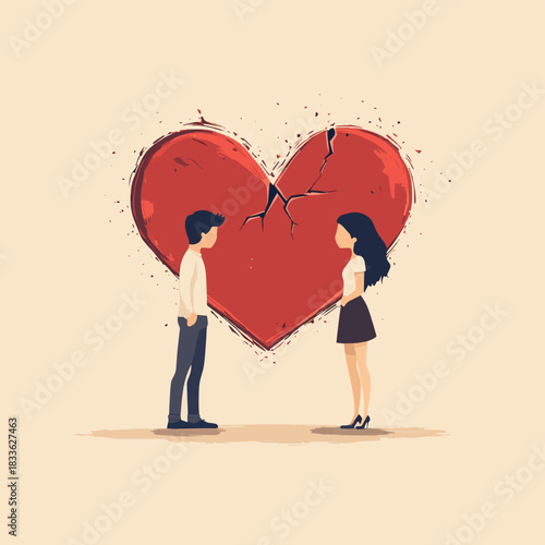 High angle view couple looking down at broken heart on beige background , vector style simple color