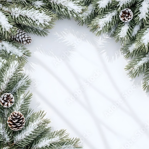 Snowy pine branches arranged as a natural frame on a white background, with soft shadows and a clean winter botanical aesthetic suitable for seasonal designs
