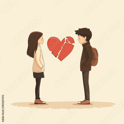 High angle view couple looking down at broken heart on beige background , vector style simple color