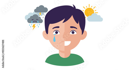 A vector illustration depicts a person experiencing contrasting emotions, showcasing both sadness with stormy clouds and happiness with sunshine, representing mental health and well-being.