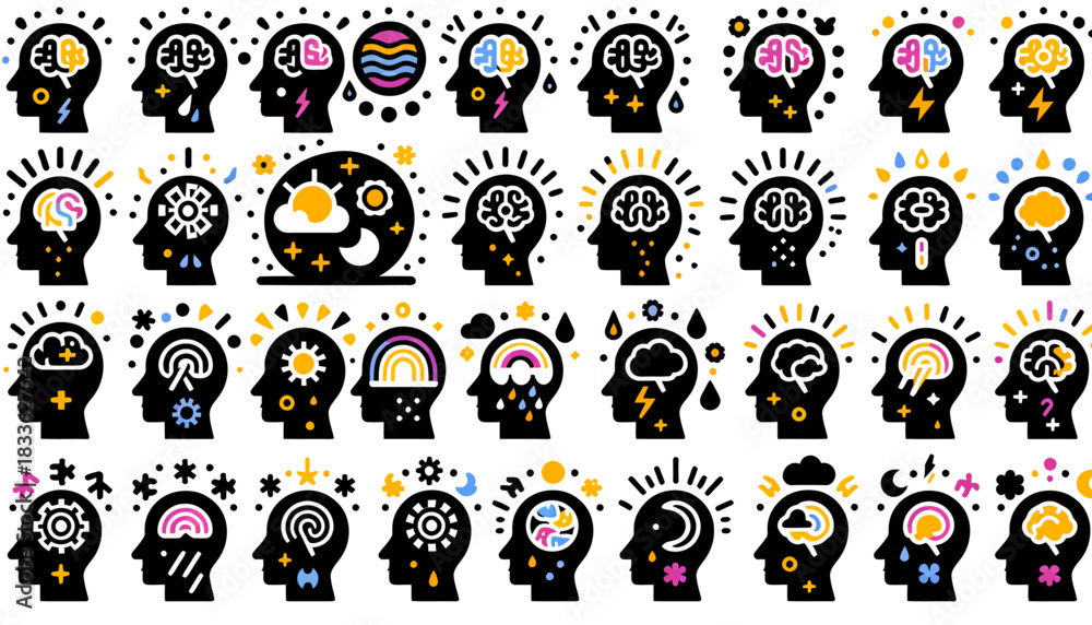 Obraz premium A comprehensive vector set showcases diverse mental states, psychological conditions, and brain functions represented through stylized head silhouettes, ideal for educational and medical