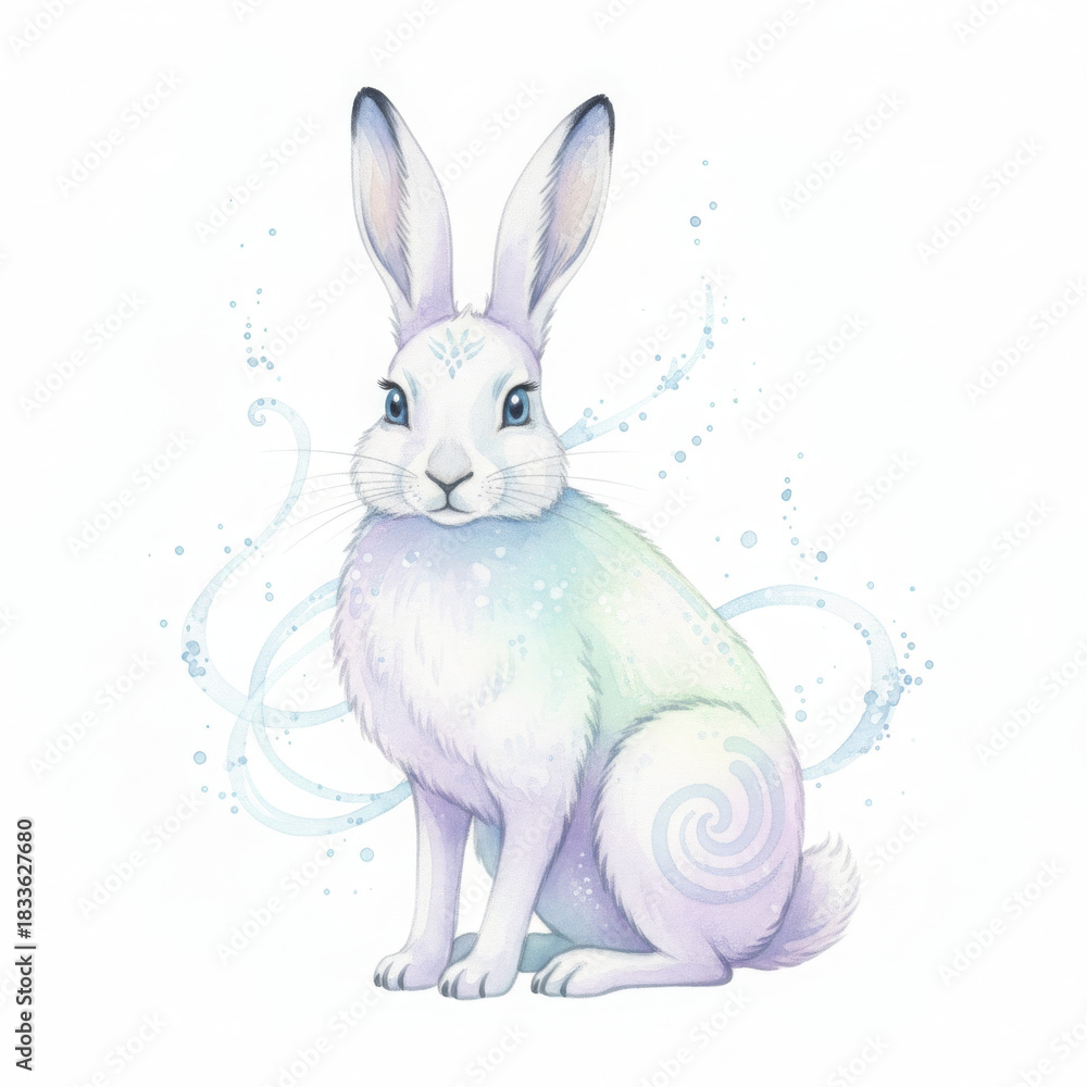 Obraz premium Beautiful white rabbit captured whimsical watercolor illustration, showcasing an ethereal and magical fantasy animal with subtle blue and purple pastel hues. tranquil creature emanates calm