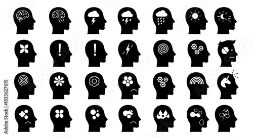 A vector illustration presents a collection of human head silhouettes, each depicting different mental states, emotions, and thoughts, ideal for psychology, mental health, and educational content.
