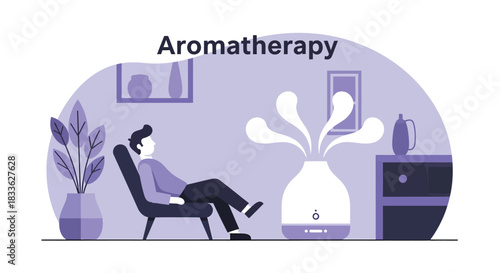 Man relaxing in chair next to aromatherapy diffuser in cozy room, enjoying the calming scent and peaceful ambiance for stress relief and relaxation.