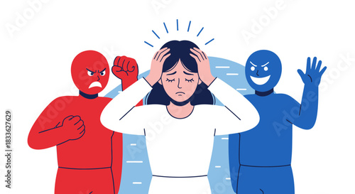 A vector illustration depicts a woman experiencing emotional distress, surrounded by stylized figures representing anger and negativity, conveying themes of mental health and psychological challenges.