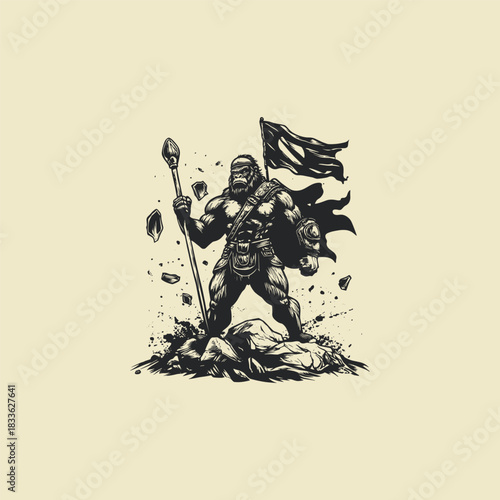muscular gorilla or ape warrior standing victoriously on crushed rocky ground, holding a wooden shield and raising a waving banner flag in a triumphant pose
