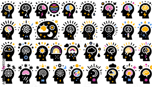 A comprehensive vector set showcases diverse mental states, psychological conditions, and brain functions represented through stylized head silhouettes, ideal for educational and medical