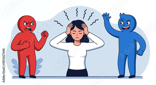 A distressed woman surrounded by arguing figures, illustrating stress and conflict, rendered in a colorful vector style, perfect for depicting emotional turmoil and mental health challenges.