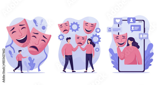 Conceptual vector illustration showcasing individuals managing mental health by confronting emotions, using masks as metaphors for hiding feelings, and seeking online support for well-being.