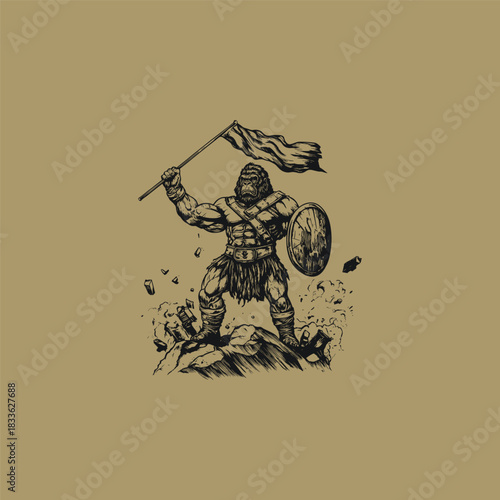 muscular gorilla or ape warrior standing victoriously on crushed rocky ground, holding a wooden shield and raising a waving banner flag in a triumphant pose