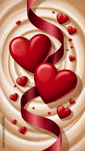 Vertical Red Hearts and Ribbon on Swirling Creamy Background