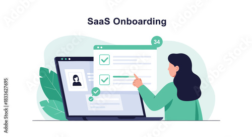 Woman completing SaaS onboarding checklist on laptop, signifying successful user experience and streamlined process in modern workspace.