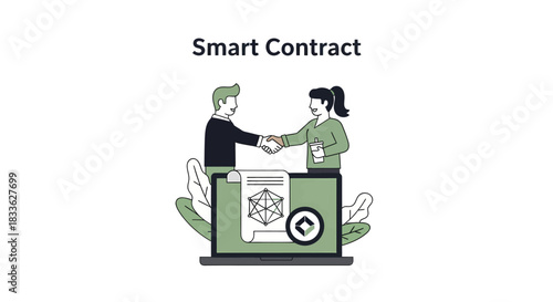 Business partners shaking hands in front of a laptop displaying smart contract details, symbolizing a secure and modern agreement.