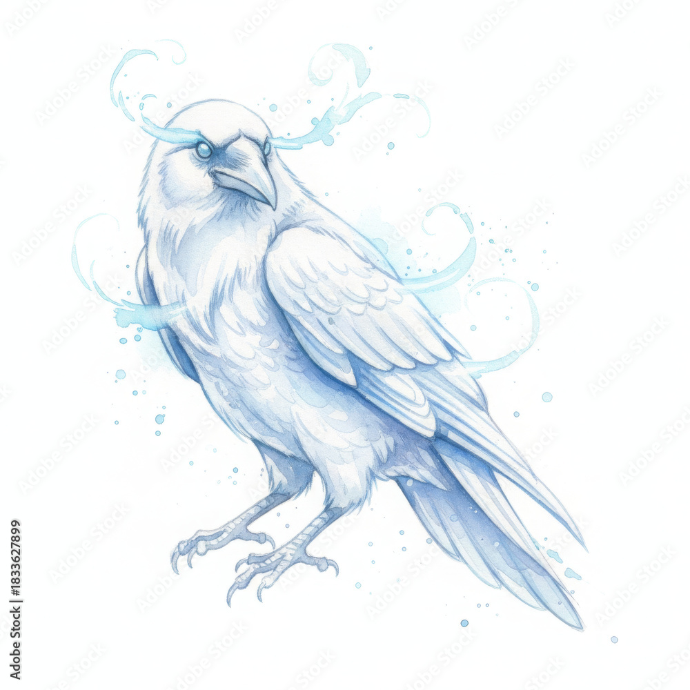 Naklejka premium Striking white raven, glowing with an ethereal light, stands with powerful and mysterious presence. fantasy illustration of magical bird evokes sense of ancient mysticism and spiritual wonder