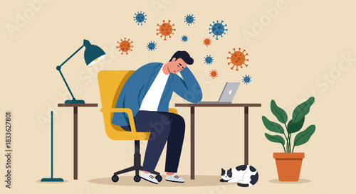 A young man experiencing burnout and stress, sitting at his desk with a laptop, feeling overwhelmed by the challenges of the modern world and mental health issues.