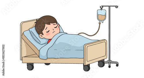 A young boy lies in a hospital bed, looking sad and unwell, connected to an IV drip, conveying a sense of illness, vulnerability, and the need for medical care.
