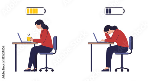A vector illustration depicts a woman experiencing varying levels of stress and burnout while working on a laptop, highlighting mental health challenges in a modern office environment.