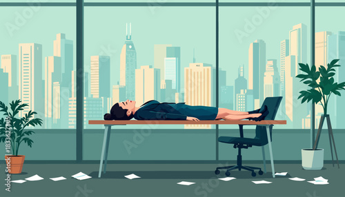 An exhausted professional woman lies face down on an office desk, illustrating severe mental health challenges and burnout against a corporate city backdrop.