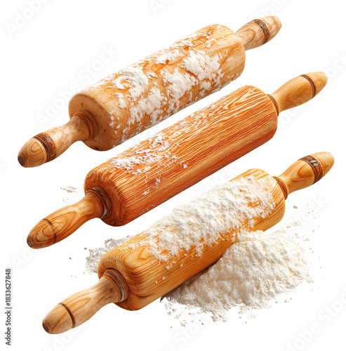  set of wooden rolling pins with flour, isolated on a transparent background