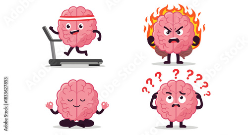 A vector illustration depicts various mental states of a cartoon brain, including exercise, anger, meditation, and confusion, representing concepts of health, stress, and well-being.