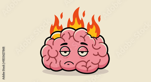 A cartoon illustration depicts a stressed brain on fire, representing mental health issues, burnout, and the overwhelming feeling of stress in a simple, vector graphic with a light background.