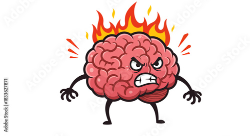 Cartoon illustration depicts a stressed brain character with flames, symbolizing mental health challenges and the impact of stress on cognitive function.