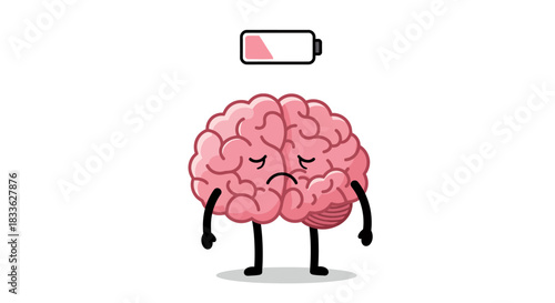 A vector illustration depicts a sad brain character with arms and legs, symbolizing mental health challenges and stress, alongside a low battery icon, highlighting exhaustion and burnout.