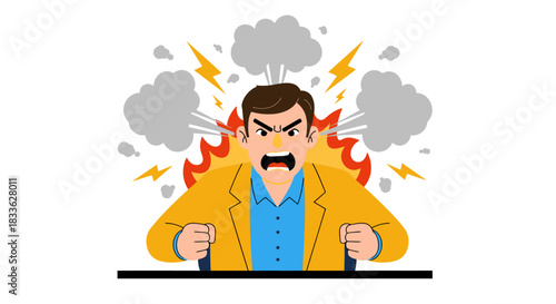 A frustrated man with steam coming from his head, symbolizing stress and anger, depicted in a vector illustration, suitable for use in presentations and design projects.