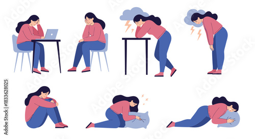 A collection of vector illustrations showing a young woman experiencing stress, depression, and anxiety in various poses and situations, isolated on white.