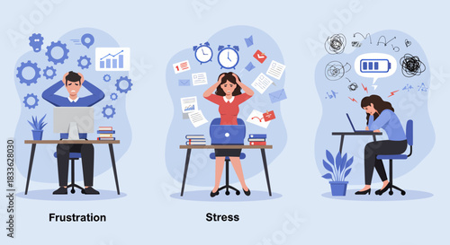 A vector illustration depicts individuals experiencing stress and depression in different scenarios, showcasing the mental and emotional challenges of modern life and work environments.