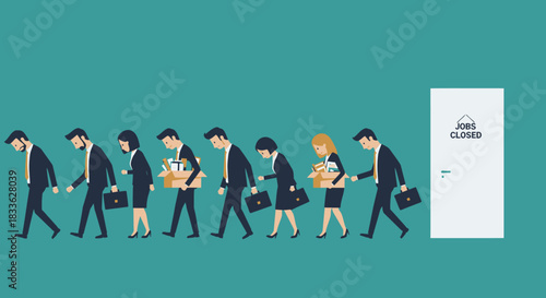 A vector illustration depicts a line of dejected people carrying boxes, symbolizing job loss and economic hardship, with a closed door labeled "Jobs Closed."