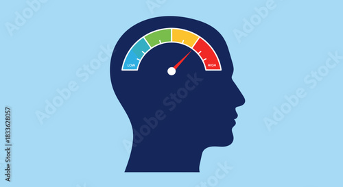 A conceptual flat vector illustration depicting a human head silhouette with an internal stress gauge indicating high levels of pressure and mental overload.