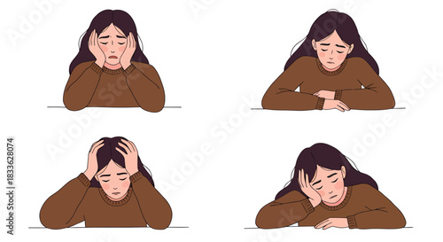A young woman experiences mental health challenges, depicted in a vector illustration showing various expressions of sadness, stress, and emotional distress, isolated on white background.
