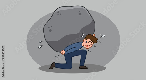 A distressed man struggles to carry a massive boulder, symbolizing the overwhelming weight of stress and depression in a vector illustration, perfect for mental health awareness.