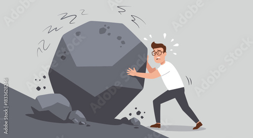 A man in a flat vector illustration struggles intensely to push a massive boulder uphill, symbolizing the heavy burden of stress and overwhelming challenges.