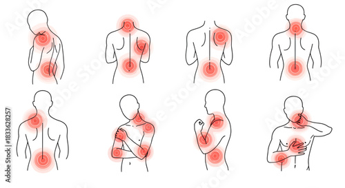 This medical illustration depicts various human figures experiencing pain in different parts of their body, highlighted by red circles on a clean white background.