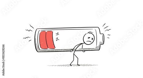 A stick figure struggles to carry a low battery, symbolizing stress, exhaustion, and the emotional toll of depression, rendered as a vector illustration with a transparent background.