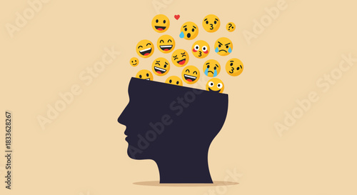 Silhouette of a head with a variety of emotional emojis floating above, representing mental health issues like stress, anxiety, and depression in a modern style.