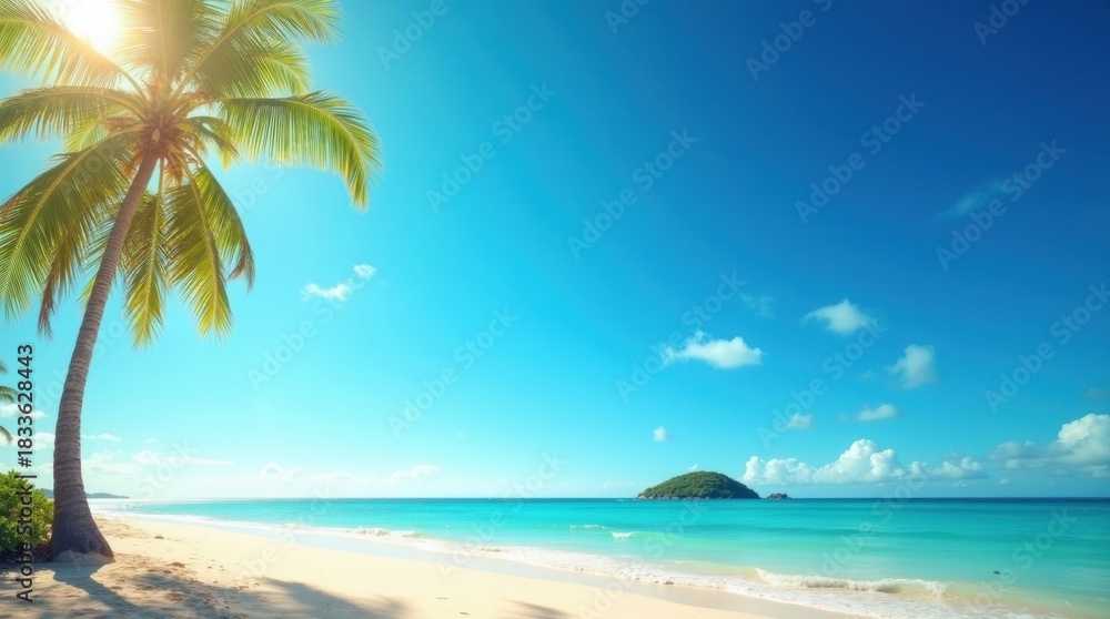 Obraz premium Idyllic tropical beach scene with palm tree and turquoise ocean