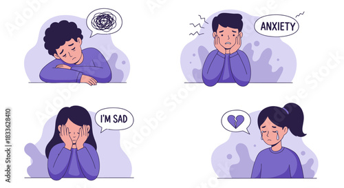 A vector set showcases diverse individuals grappling with emotional challenges, highlighting stress, anxiety, and depression in a modern, relatable style.